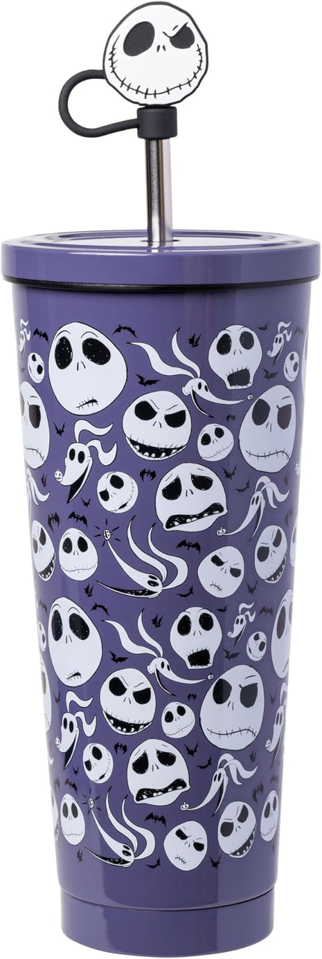 Silver Buffalo Disney Tim Burton's Nightmare Before Christmas Featuring Jack Skellington, Zero, and Bats Stainless Steel Tumbler with Straw and Cover Cap to Prevent From Spilling, 24 Ounces