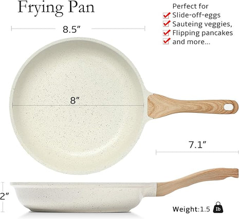 ESLITE LIFE Nonstick Ceramic Frying Pan Skillet, Non-Toxic Egg Omelette Kitchen Cooking Pans Compatible with All Stovetops (Gas, Electric & Induction), PTFE & PFOA Free (White, 8'')