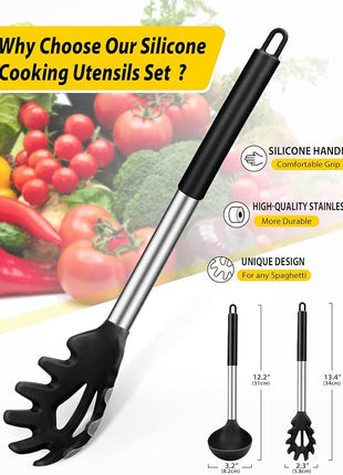 Silicone Pasta Fork and Ladle Spoon Set, Large Non Stick Kitchen Utensils for Cooking,Stirring,Serving Spaghetti, Soup, Sauce (BLACK)