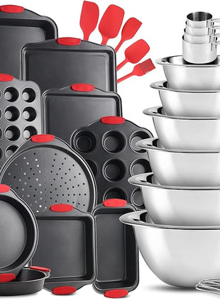 EatEx Bakeware Sets and Mixing Bowl Set, Non-Stick Baking Sheet Set with Utensils, Carbon Steel Cookie Sheets for Baking with Silicon Handles, Oven Safe Sheet Pans and More