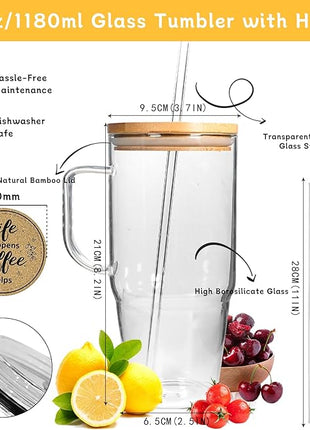 ANOTION Glass Cups with Lids and Straws - 40 Oz Tumbler with Handle and Straw Glass Water Bottles Drinking Glasses with Straws Iced Coffee Cups Travel Coffee Mug Smoothie Tumbler