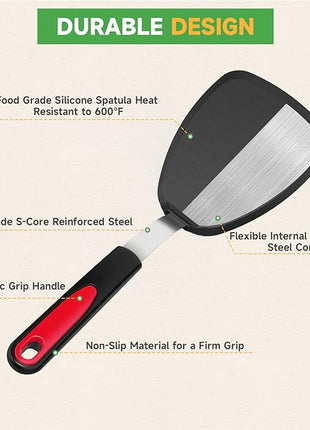 Silicone Spatula Turner Set of 4, GEEKHOM 600°F Heat Resistant Cooking Spatulas for Nonstick Cookware, Large Flexible Kitchen Utensils BPA Free Rubber Spatulas for Pancake, Eggs, Fish, Black