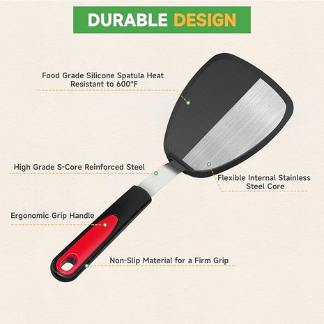Silicone Spatula Turner Set of 4, GEEKHOM 600°F Heat Resistant Cooking Spatulas for Nonstick Cookware, Large Flexible Kitchen Utensils BPA Free Rubber Spatulas for Pancake, Eggs, Fish, Black