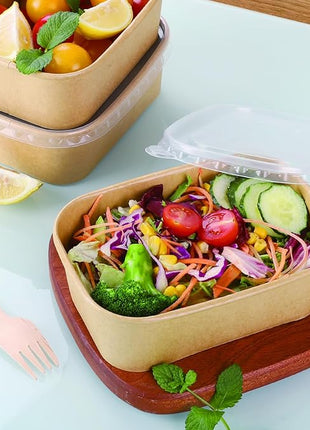 50 Sets 25oz Disposable Kraft Paper Bowls with Lids, Rectangle Paper Food Containers with Lids, Salad Bowls for Hot/Cold Food, Soup, Meal Prep, Ice Cream, Takeout, Party Supplies(750ml)