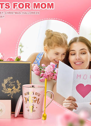 Birthday Gifts for Mom from Daughter Son Kids - Funny Birthday Gift Ideas for Mothers Wife Women - 14Oz Marble Ceramic Best Mom Coffee Mug with Lid Spoon Card, Box, Unique Moms Cup Gifts-Boxed Set