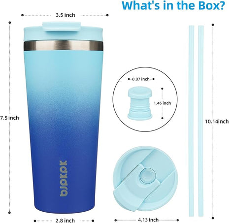 BJPKPK 22oz Insulated Tumbler With lid And Straw Stainless Steel Tumblers Travel Coffee Mug Reusable Thermal Cup,Sky