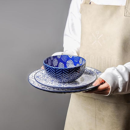 Selamica Ceramic Plates and Bowls Sets, 32 Pieces Dinnerware Sets for 8, Scratch Resistant Embossed Dishes Set for Family Gatherings, Dishwasher & Microwave Safe, Dark Blue