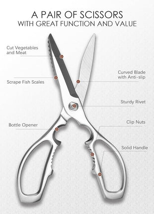 Heavy-Duty Kitchen Scissors Forged from Stainless Steel, Kitchen Shears for Food, Ideal Cooking & Culinary Scissors for Meat, Poultry and Vegetables, Dishwasher Safe, 5-Year Warranty