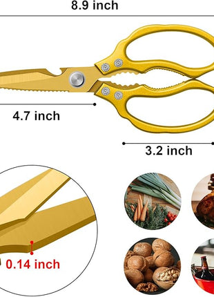 CGBE Kitchen Scissors, Multi-Purpose Kitchen Shears, Heavy Duty Dishwasher Safe Food Scissors for Chicken, Poultry, Fish, Meat & Herbs with Non-Slip Grips - ALL Gold