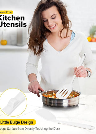 Pack of 2 Silicone Spatula Turners, Non Stick Slotted Kitchen Spatula Set, Heat Resistant BPA Free Kitchen Utensils, One-Piece Design, Suitable for Flipping Fish, Eggs, Steak, Pancakes (WHITE)