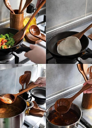 Wooden Utensil Set 8 Pcs – Sturdy & Easy to Clean, Natural Teak Wooden Spoons for Cooking – Non-Scratch Cooking Utensils with Spatula, Turner, Ladle, Spoons, Holder, Spoon Rest, 6 Hooks Kitchen Gifts