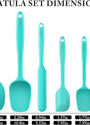 HOTEC 600℉ Heat Resistant BPA-Free Silicone Rubber Spatula Set,Kitchen Cooking Spatulas, Baking, Mixing for Non Stick Cookware, Dishwasher Safe, Set of 5 Aqua Sky
