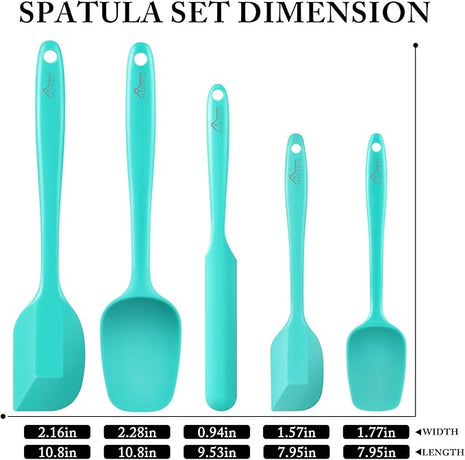 HOTEC 600℉ Heat Resistant BPA-Free Silicone Rubber Spatula Set,Kitchen Cooking Spatulas, Baking, Mixing for Non Stick Cookware, Dishwasher Safe, Set of 5 Aqua Sky