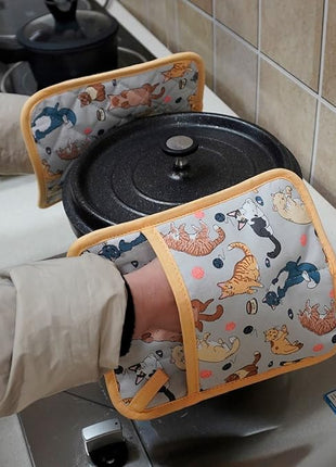 Pot Holders Set of 2 Heat Resistant 480℉ Kitchen 100% Cotton Comfortable Lining Printing Fox Flower Women Men Home Cooking Baking Microwave BBQ Gift (Cat potholder)