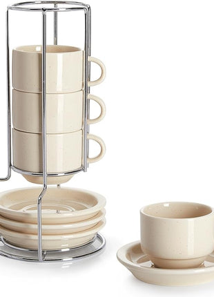 Sweese Porcelain Espresso Cups Set, 2.5 oz, Stackable with Saucers Metal Stand, Beige, 4 Pack