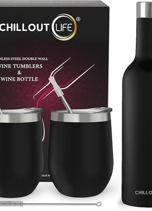 CHILLOUT LIFE 12 oz Stainless Steel Wine Tumblers 2 Pack & 1 Insulated Wine Bottle - Double Wall Vacuum Insulated Wine Glasses Cups with Lids and Straws Set Keeping Cold & Hot Gift Set