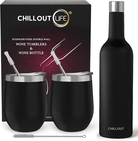 CHILLOUT LIFE 12 oz Stainless Steel Wine Tumblers 2 Pack & 1 Insulated Wine Bottle - Double Wall Vacuum Insulated Wine Glasses Cups with Lids and Straws Set Keeping Cold & Hot Gift Set
