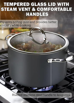 Cooks Standard Stock Pot Dutch Oven Casserole with Glass Lid, 7-Quart Classic Hard Anodized Nonstick Stockpot, Black