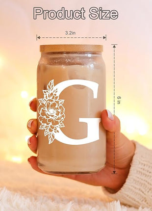 Coolife Initial Glass Cup, Monogrammed Gifts for Women, 16 oz Glass Cups w/Lids Straws, Iced Coffee Smoothie Beer Tumbler w/Straw Lid - Personalized Christmas, Birthday Gifts for Her Mom Friend Woman