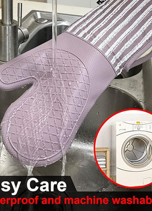 Silicone Oven Mitts Heat Resistant 932℉ with Waterproof & Non-Slip Kitchen Mittens, Set of 2 Extra Long Oven Gloves with Soft Cotton Terry Lining for Baking Cooking Barbecue(2, Purple Mitts)