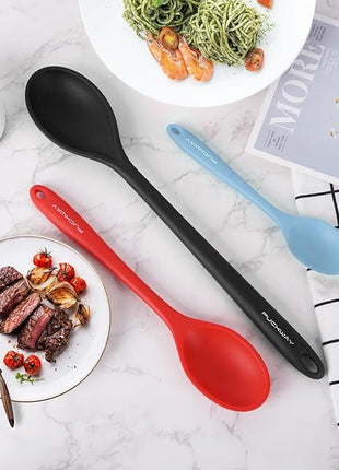 3 Pcs Silicone Spoons Set of 7.9 10.6 14.2 inch for Cooking, Heat Resistant Kitchen Spoons for Mixing, Stirring, and Serving, Small to Large Non Stick (Black & Red & Blue)