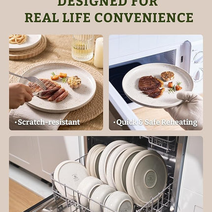 Famiware Meteor Plates and Bowls Sets, 24-Piece Stoneware Dinnerware Sets, Dishes Set for 8, Microwave and Dishwasher Safe Tableware, Creamy White