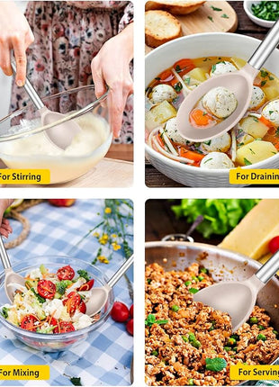 Pack of 2 Large Silicone Cooking Spoons,Non Stick Solid Basting Spoon,Heat-Resistant Kitchen Utensils for Mixing,Serving,Draining,Stirring (STAINLESS STEEL KHAKI)