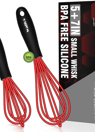 Walfos Mini Whisk Red Small whisk-Non Scatch Rubber Coated Whisk,small silicone whisk 5 & 7 inch Tiny Whisk,Nice for mixing and stirring small batches of powder and sauce in small bowl containers.2pcs