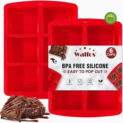 Walfos Mini Silicone Brownie Pan - 2 Piece 6-Cavity Non-stick Square Baking Pan, Perfect for Mini Brownies, Cornbread, Muffin and Cakes, BPA Free and Dishwasher Safe