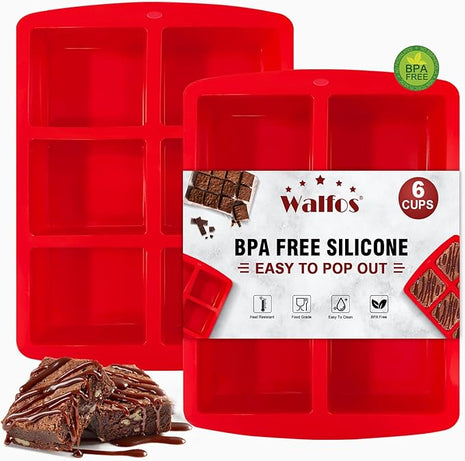 Walfos Mini Silicone Brownie Pan - 2 Piece 6-Cavity Non-stick Square Baking Pan, Perfect for Mini Brownies, Cornbread, Muffin and Cakes, BPA Free and Dishwasher Safe