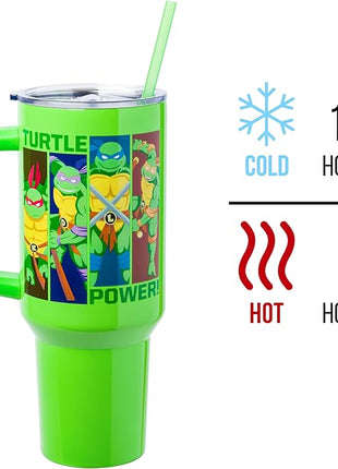Silver Buffalo Teenage Mutant Ninja Turtles Turtle Power Stainless Steel Tumbler with Handle Featuring Leonardo, Donatello, Raphael, and Michelangelo, Fits in Standard Cup Holder, 40 Ounces