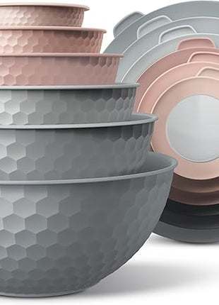 COOK WITH COLOR Mixing Bowls with Lids - 12 Piece Plastic Nesting Bowls Set includes 6 Prep Bowls and 6 Lids, Non Slip Bottom and Embossed Design - Microwave Safe (Pink)