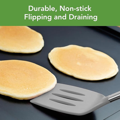 Tovolo Slotted Silicone Spatula Turner Slotted Stainless Steel Handle 10" Pink Sorbet Heat Resistant Non Toxic BPA Free Kitchen Utensil, Silicone Egg Pancake Flipper Metal Handle Turner for Cooking