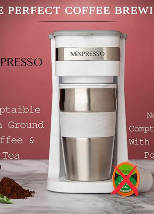 Mixpresso White Personal Single Serve Coffee Maker with 14oz Travel Mug, Drip Small Coffee Maker with Auto Shut Off, Reusable Filter, Works with Ground Coffee Only – Not for K-Cup Pods