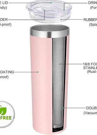 VEGOND Stainless Steel Skinny Tumbler, 20 oz Vacuum Insulated Tumbler with Lid and Straw, Double Wall Coffee Cup, Travel Mug for Cold Hot Drinks, Light Pink 1 Pack