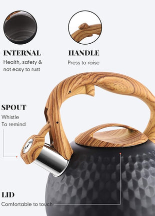 BELANKO 2.7 Quart Tea Kettle for Stovetop - Food Grade Stainless Steel with Diamond Texture, Designer Teapot Look, Cool-Touch Wood Pattern Handle, Whistling Spout - Matte Black