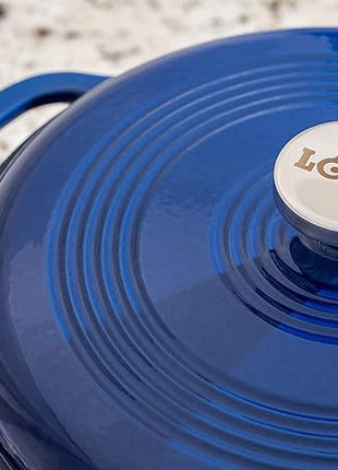 Lodge 6 Quart Enameled Cast Iron Dutch Oven with Lid – Dual Handles – Oven Safe up to 500° F or on Stovetop - Use to Marinate, Cook, Bake, Refrigerate and Serve – Indigo