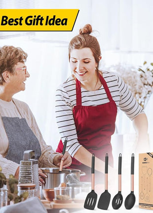 Pack of 4 Silicone Cooking Utensils Set, Non Stick Large Solid Spatulas, Heat Resistant Rose Gold Black Slotted Spoons, Ideal BPA Free Kitchen Turners for Frying, Mixing,Serving,Draining,Turning