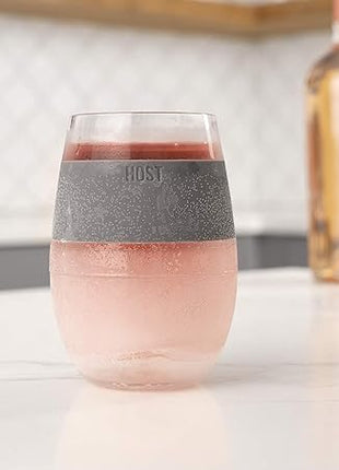 HOST 2962 Freeze Stemless Red & White Wine Tumbler Cups, Insulated Plastic Glass, Set of 2, 8.5 oz, Grey Silicone Bands