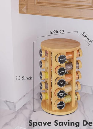 New England Stories Revolving Spice Rack Set with 20 Spice Jars, Kitchen Spice Tower Organizer for Countertop or Cabinet - Carousel Storage Includes 386 Spice Labels (Bamboo)