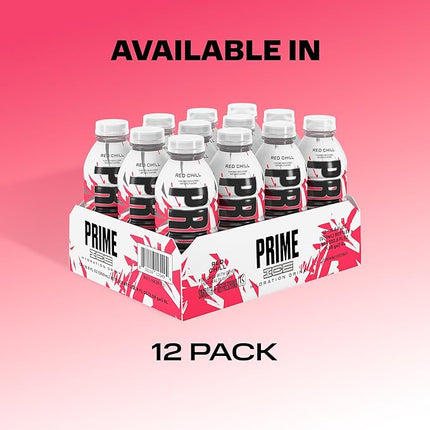 PRIME Hydration ICE RED CHILL, Sports Drinks, Electrolyte Enhanced for Ultimate Hydration, 250mg BCAAs, B Vitamins, Antioxidants, Low Sugar, 16.9 Fl Oz, 12 Pack
