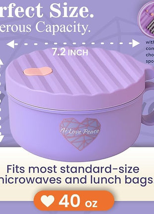 AI LOVE PEACE Ramen Bowl, 40 oz Microwaveable Noodle Cooker for Ramen, Pho, Soup, and Pasta, Dishwasher Safe and Portable, Ideal for Home, Office, Dorm, or Gift (Purple)