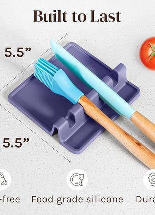 Silicone Spoon Rest for Stove Top with Drip Pad (Two Pack) - Heat Resistant BPA Free Utensil Rest & Spoon Holder for Kitchen Counter - Grill Utensil Holder - Spatula Holder, Tongs, Ladle - Purple