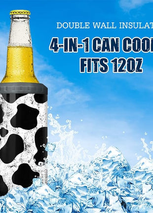 SANDJEST Cow Tumbler Cowhide Doodle 4 in 1 12oz Tumbler Can Cooler Coozie Skinny Stainless Steel Tumbler Gift for Women Girl Daughter Sister Animal Lovers Farm Girl Christmas Birthday