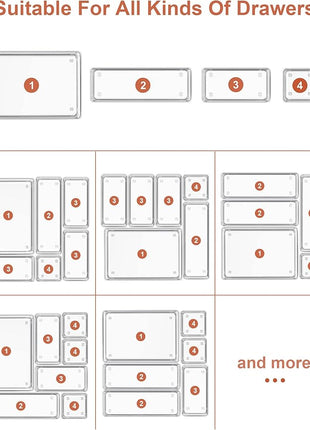 SMARTAKE 29-Piece Drawer Organizer with Non-Slip Silicone Pads, 4-Size Desk Drawer Organizer Trays Storage Tray for Makeup, Jewelries, Utensils in Bedroom Dresser, Office and Kitchen (Clear)