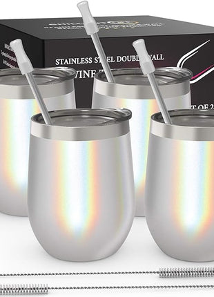 CHILLOUT LIFE 12 oz Stainless Steel Wine Tumblers 4 Pack - Double Wall Vacuum Insulated Wine Glasses Cups with Lids and Straws Set Keeping Cold & Hot for Coffee, Beer, Ice Cream - Holographic Glitter