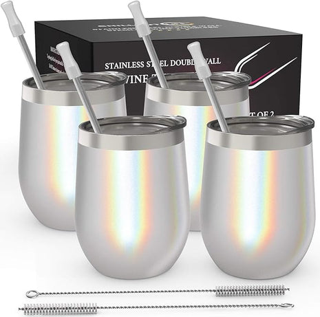 CHILLOUT LIFE 12 oz Stainless Steel Wine Tumblers 4 Pack - Double Wall Vacuum Insulated Wine Glasses Cups with Lids and Straws Set Keeping Cold & Hot for Coffee, Beer, Ice Cream - Holographic Glitter