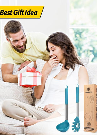 Silicone Pasta Fork and Ladle Spoon Set, Large Non Stick Kitchen Utensils for Cooking,Stirring,Serving Spaghetti, Soup, Sauce (BLUE)