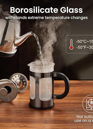 BAYKA 21 Ounce 0.6 Liter French Press Coffee Tea Maker Small, Heat Resistant Thickened Borosilicate Glass Stainless Steel Single Serve Brewer, Cold Brew Cafetera Teapot, Dark Pewter