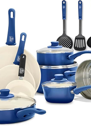 GreenLife 16 Piece Nonstick Cookware Set, Soft Grip Non-Toxic PFAS-Free Ceramic Pots & Pans, Dishwasher & Oven Safe, Frying, Sauce, Saute, Utensils, Glass Lids, Stay-Cool Handles, Wobble Free, Blue